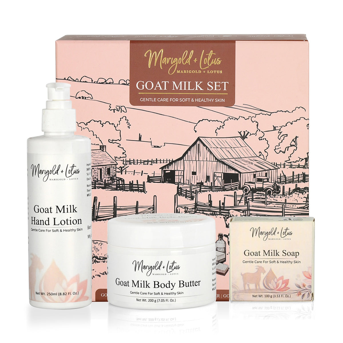 Marigold &amp; Lotus Goat Milk Collection of Hand Lotion (250ml), Body Butter (200g) &amp; Milk Soap (100g) 8594291 0