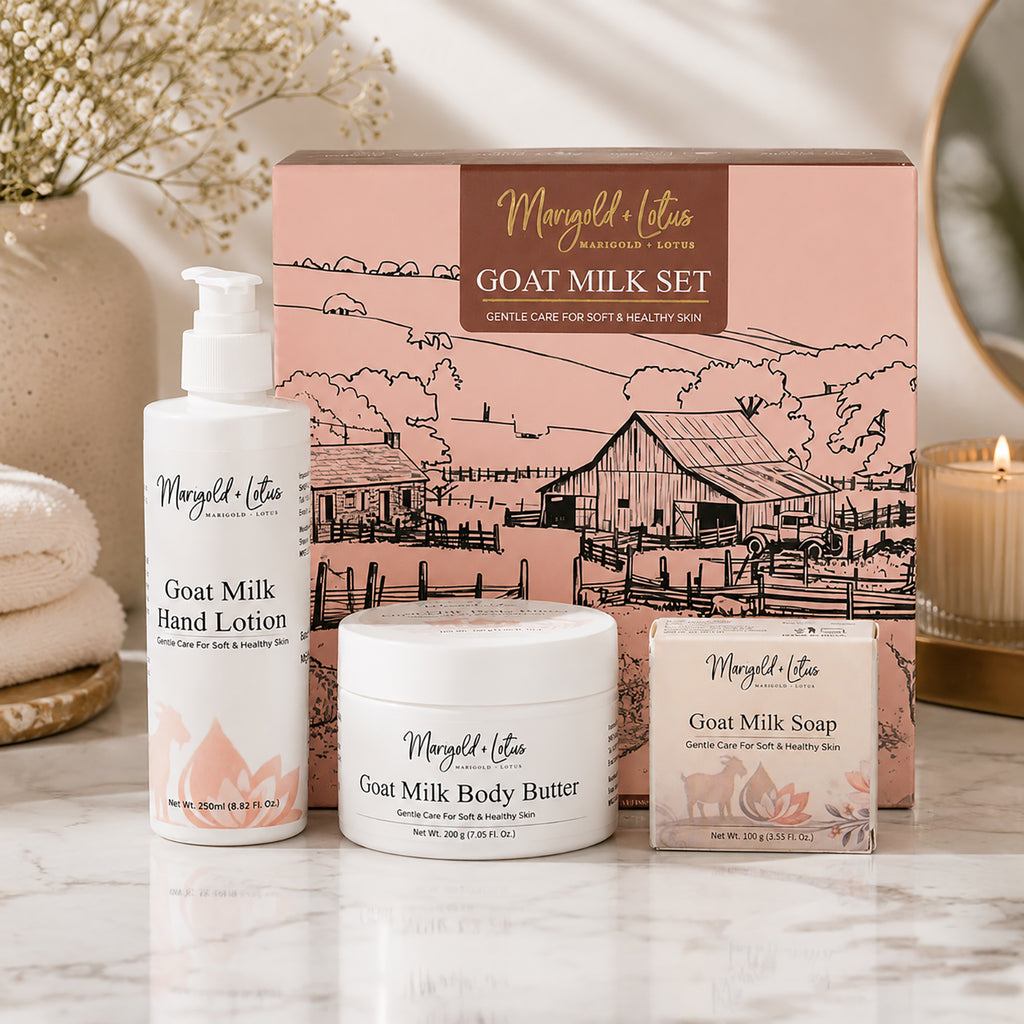 Marigold & Lotus Goat Milk Collection of Hand Lotion (250ml), Body Butter (200g) & Milk Soap (100g)_8594291_1