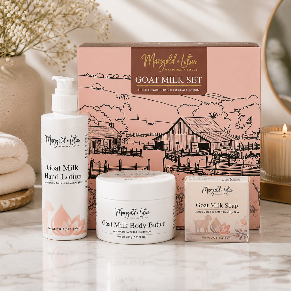 Marigold &amp; Lotus Goat Milk Collection of Hand Lotion (250ml), Body Butter (200g) &amp; Milk Soap (100g) 8594291 2