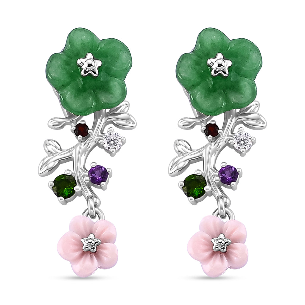D'Joy - Green Jade & Multi Gemstones Floral Earring with Push Back in Rhodium Overlay Sterling Silver 4.50 Ct._8594309
