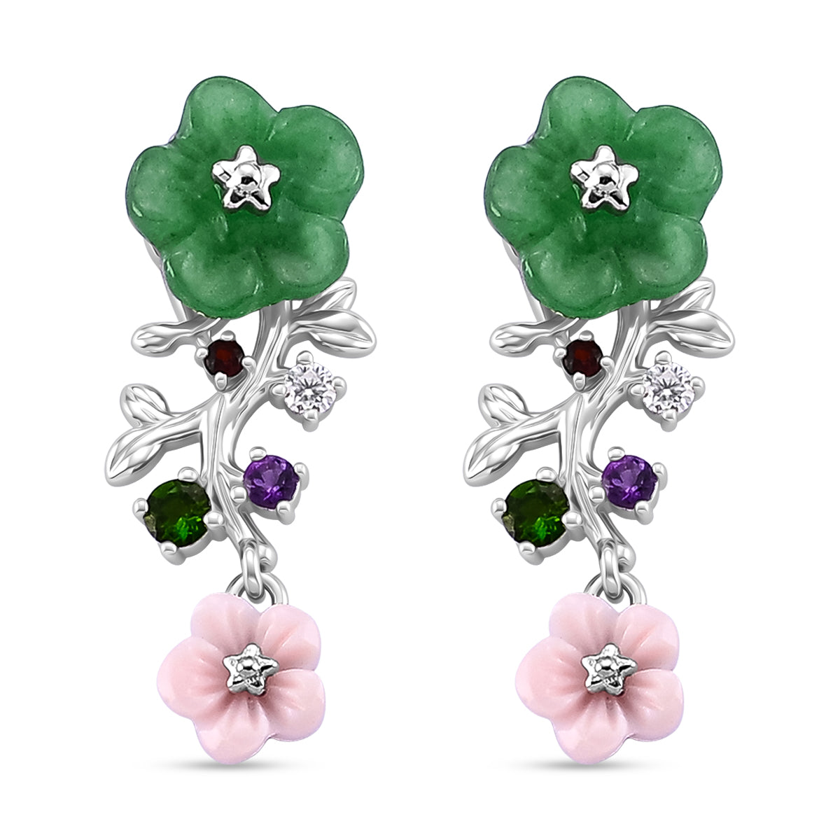 Jardin Collection - Green Jade &amp; Multi Gemstones Floral Earring with Push Back in Rhodium Overlay Sterling Silver 4.50 Ct. V32519556 0