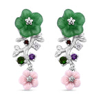 D'Joy - Green Jade & Multi Gemstones Floral Earring with Push Back in Rhodium Overlay Sterling Silver 4.50 Ct._8594309