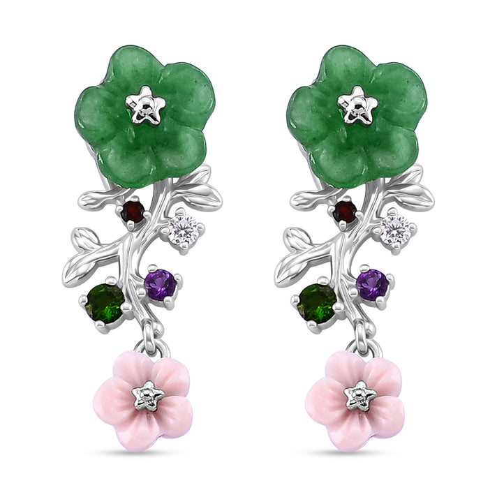 Jardin Collection - Green Jade &amp; Multi Gemstones Floral Earring with Push Back in Rhodium Overlay Sterling Silver 4.50 Ct. 8594309 1