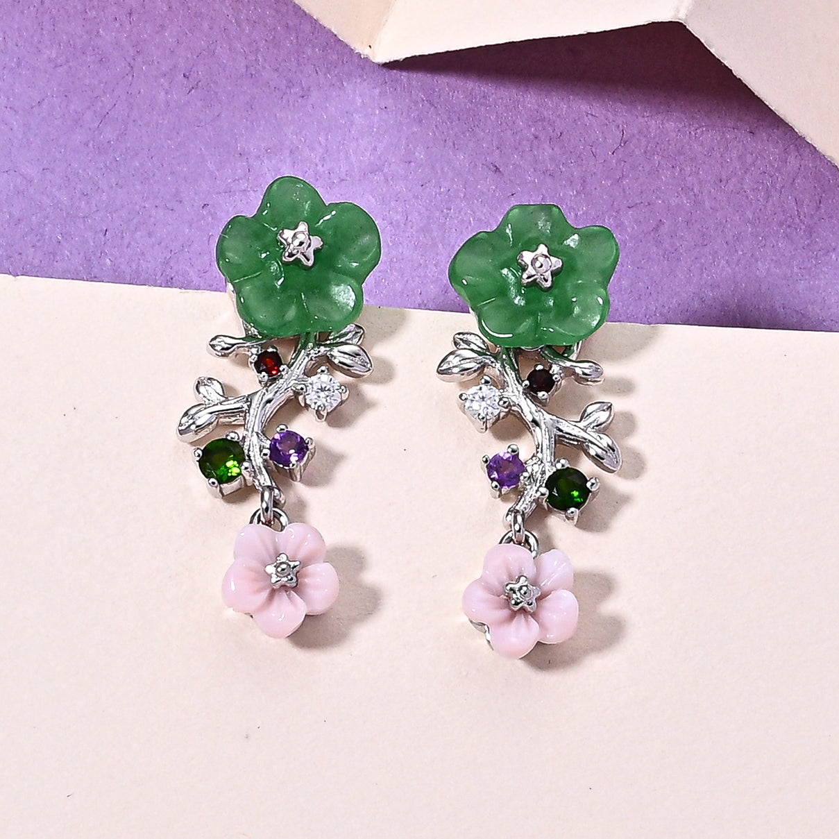 Jardin Collection - Green Jade &amp; Multi Gemstones Floral Earring with Push Back in Rhodium Overlay Sterling Silver 4.50 Ct. V32519556 3