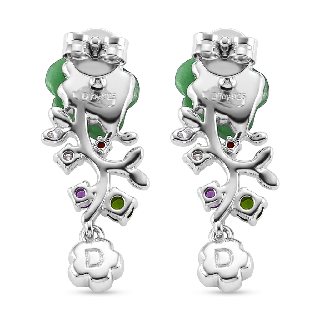 D'Joy - Green Jade & Multi Gemstones Floral Earring with Push Back in Rhodium Overlay Sterling Silver 4.50 Ct._8594309_3