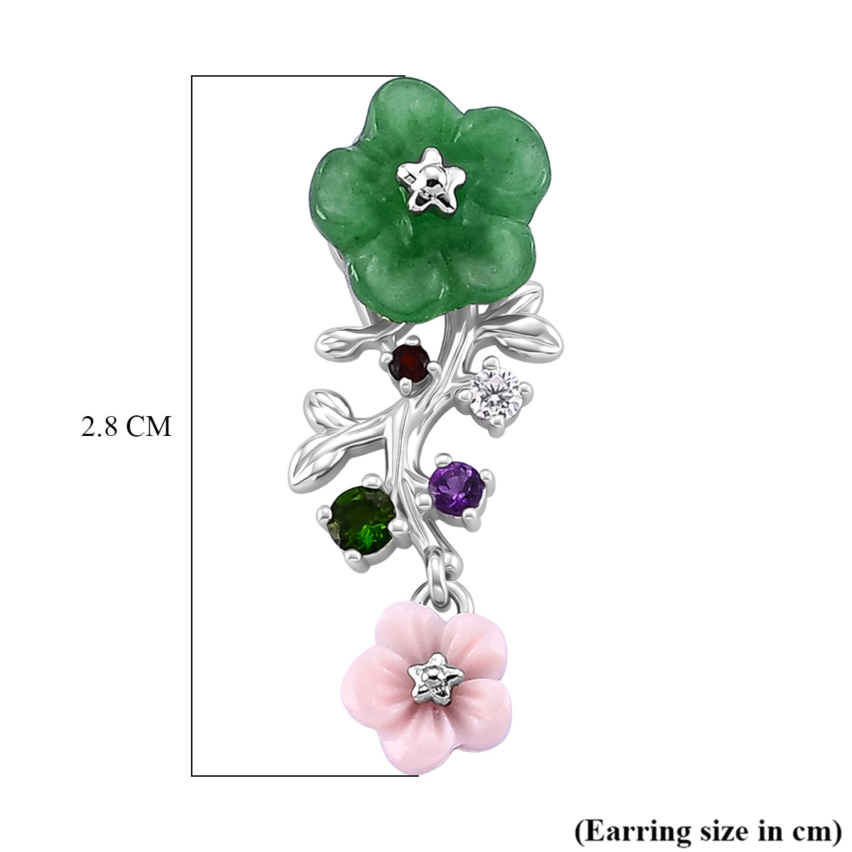 Jardin Collection - Green Jade &amp; Multi Gemstones Floral Earring with Push Back in Rhodium Overlay Sterling Silver 4.50 Ct. V32519556 5