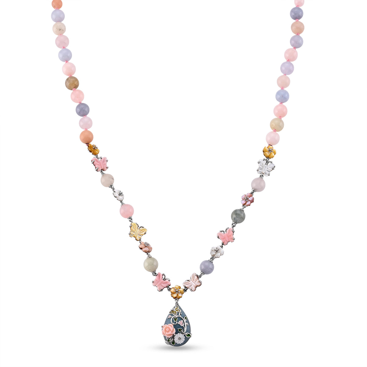 Jardin Collection - Purple Mother of Pearl &amp; Multi Gemstones Adjustable Drop Necklace (Size - 18-2 Ext) in Rhodium Overlay Sterling Silver 8594311 0