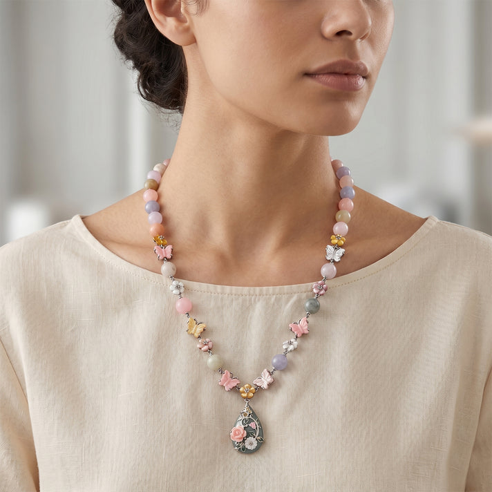 Jardin Collection - Purple Mother of Pearl &amp; Multi Gemstones Adjustable Drop Necklace (Size - 18-2 Ext) in Rhodium Overlay Sterling Silver 8594311 2