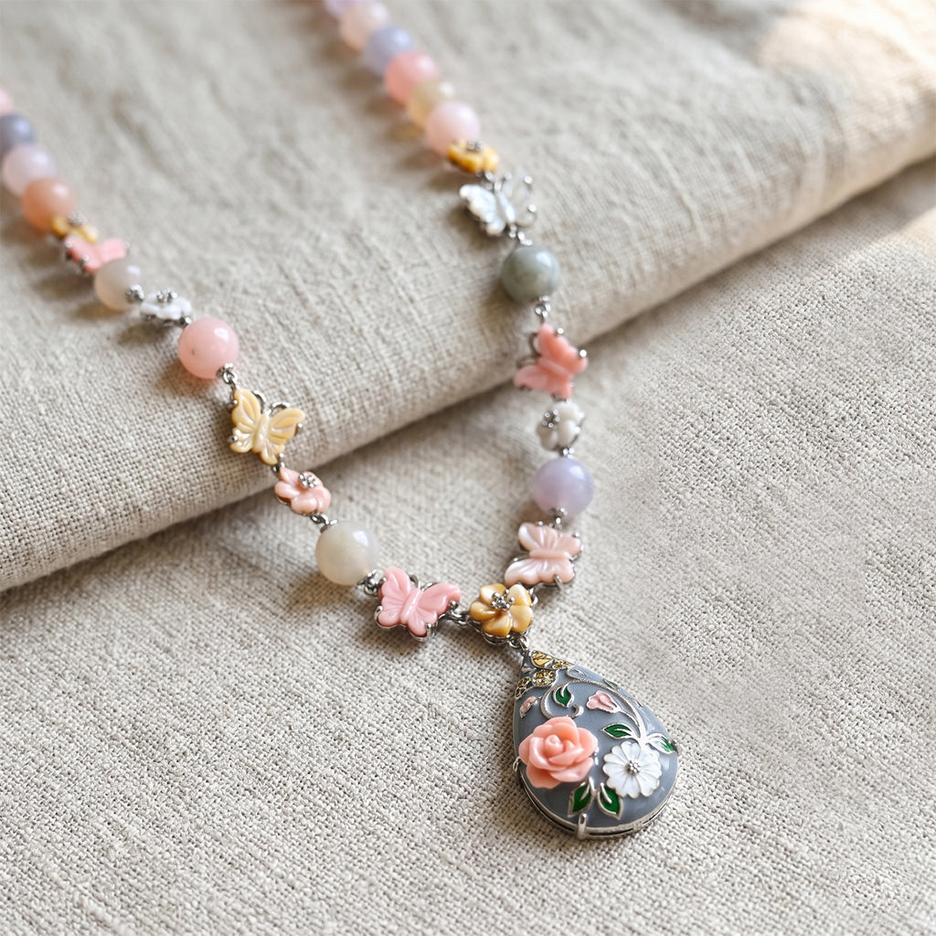 D'Joy Jardin Collection - Purple Mother of Pearl & Multi Gemstones Adjustable Drop Necklace (Size - 18+2 Ext) in Rhodium Overlay Sterling Silver_8594311_2