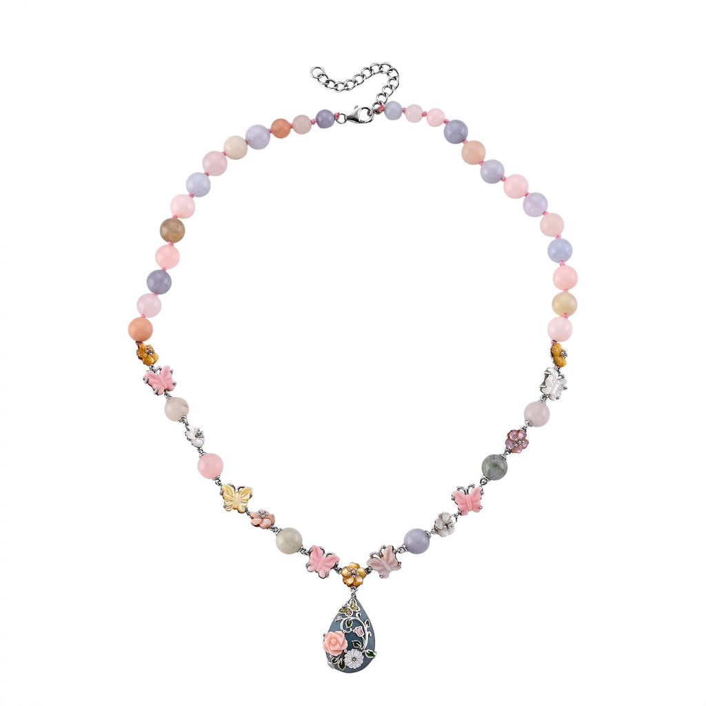D'Joy Jardin Collection - Purple Mother of Pearl & Multi Gemstones Adjustable Drop Necklace (Size - 18+2 Ext) in Rhodium Overlay Sterling Silver_8594311_3