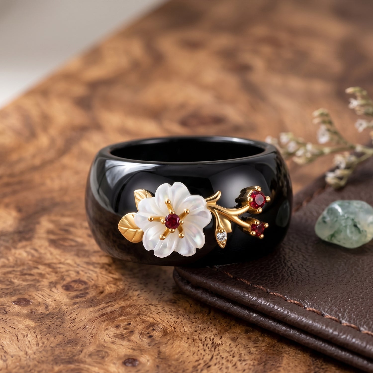 Jardin Collection - Black Jade, Red Garnet, Moissanite &amp; White Mother Of Pearl Floral Vine Band Ring in Yellow Gold Plated Sterling Silver V32519802 3