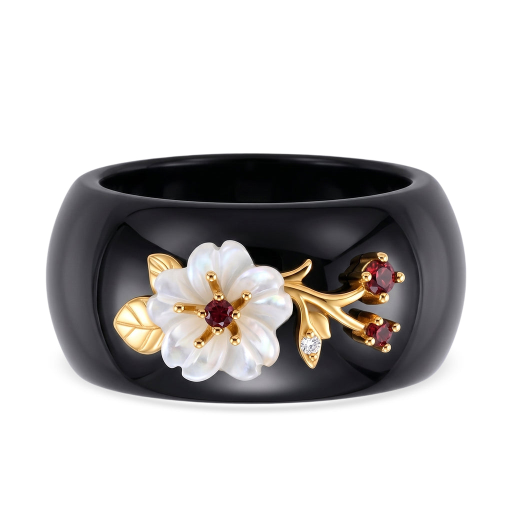 D'Joy Jardin Collection - Black Jade, Red Garnet, Moissanite & White Mother Of Pearl Floral Vine Band Ring in Yellow Gold Plated Sterling Silver_8594507