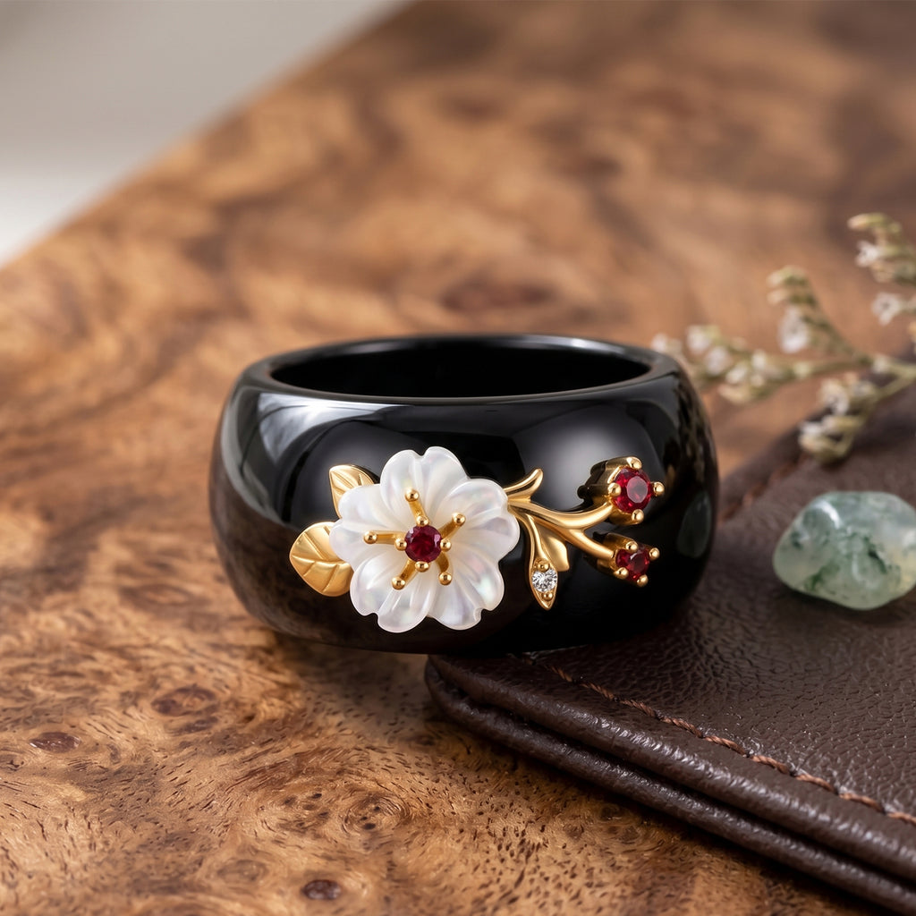 D'Joy Jardin Collection - Black Jade, Red Garnet, Moissanite & White Mother Of Pearl Floral Vine Band Ring in Yellow Gold Plated Sterling Silver_8594507_2