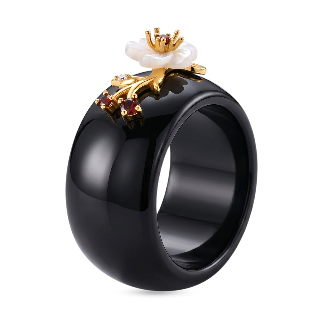 Jardin Collection - Black Jade, Red Garnet, Moissanite &amp; White Mother Of Pearl Floral Vine Band Ring in Yellow Gold Plated Sterling Silver V32513801 4