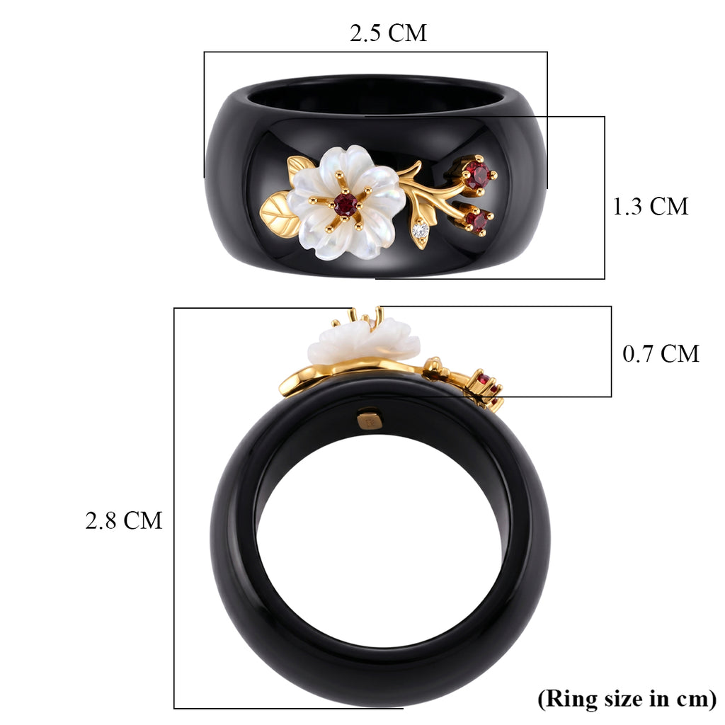 D'Joy Jardin Collection - Black Jade, Red Garnet, Moissanite & White Mother Of Pearl Floral Vine Band Ring in Yellow Gold Plated Sterling Silver_8594507_5