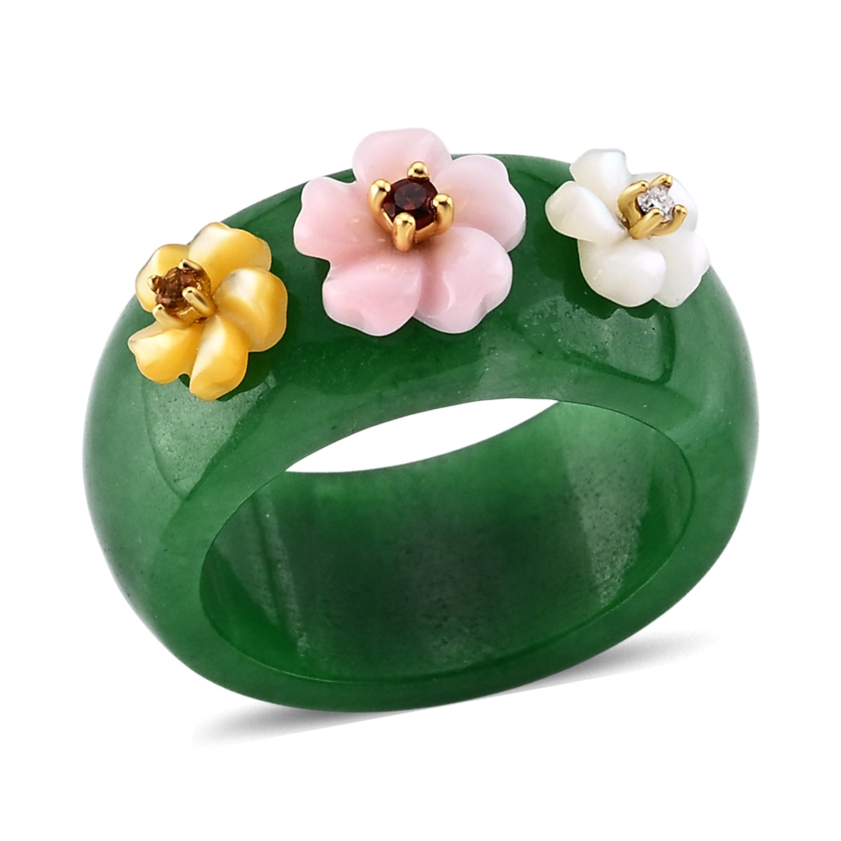 Jardin Collection - Pink Mother Of Pearl &amp; Multi Gemstones Floral Band Ring in Yellow Gold Plated Sterling Silver V32520139 0