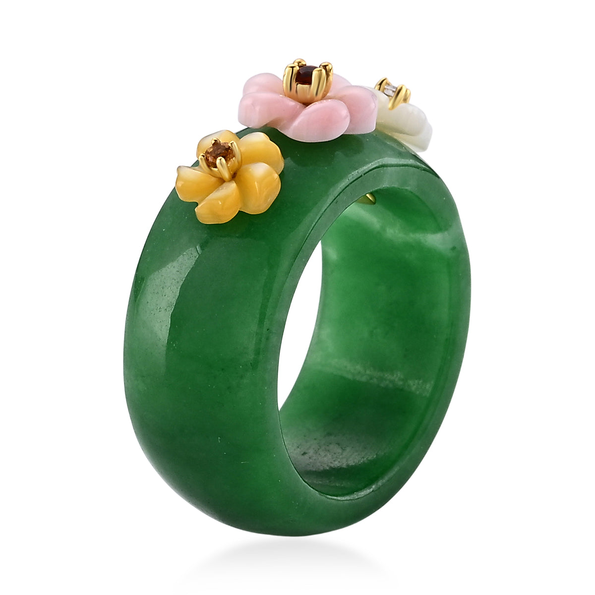 Jardin Collection - Pink Mother Of Pearl &amp; Multi Gemstones Floral Band Ring in Yellow Gold Plated Sterling Silver V32520139 4