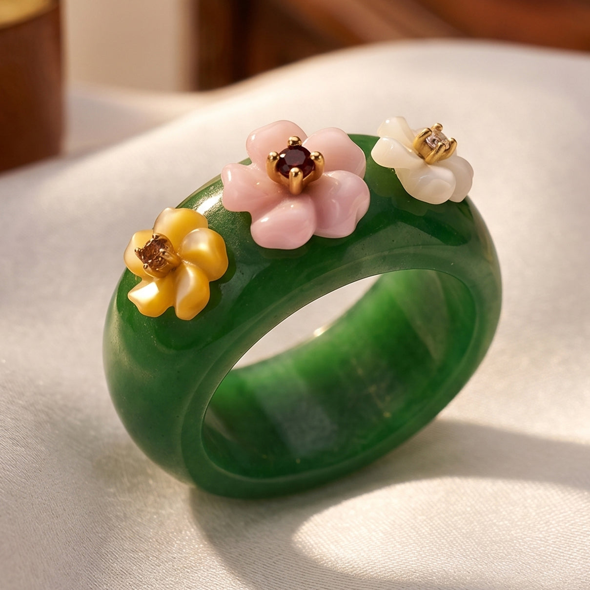 Jardin Collection - Pink Mother Of Pearl &amp; Multi Gemstones Floral Band Ring in Yellow Gold Plated Sterling Silver V32529001 2