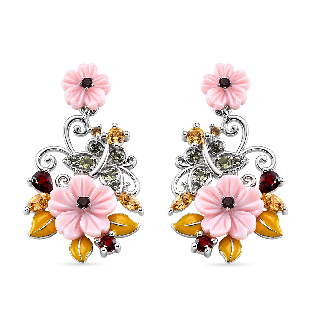 D'Joy Jardin Collection - Red Garnet, Citrine, Peridot & Pink Mother Of Pearl Floral Vine Earring with Push Back in Rhodium Overlay Sterling Silver_8594619