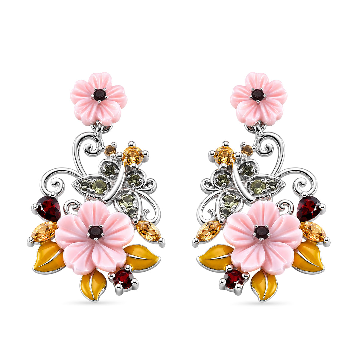 Jardin Collection - Red Garnet, Citrine, Peridot &amp; Pink Mother Of Pearl Floral Vine Earring with Push Back in Rhodium Overlay Sterling Silver V32515325 0