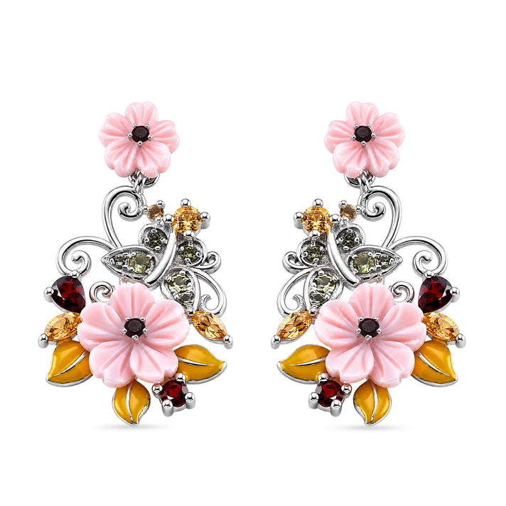 Jardin Collection - Red Garnet, Citrine, Peridot &amp; Pink Mother Of Pearl Floral Vine Earring with Push Back in Rhodium Overlay Sterling Silver 8594619 1