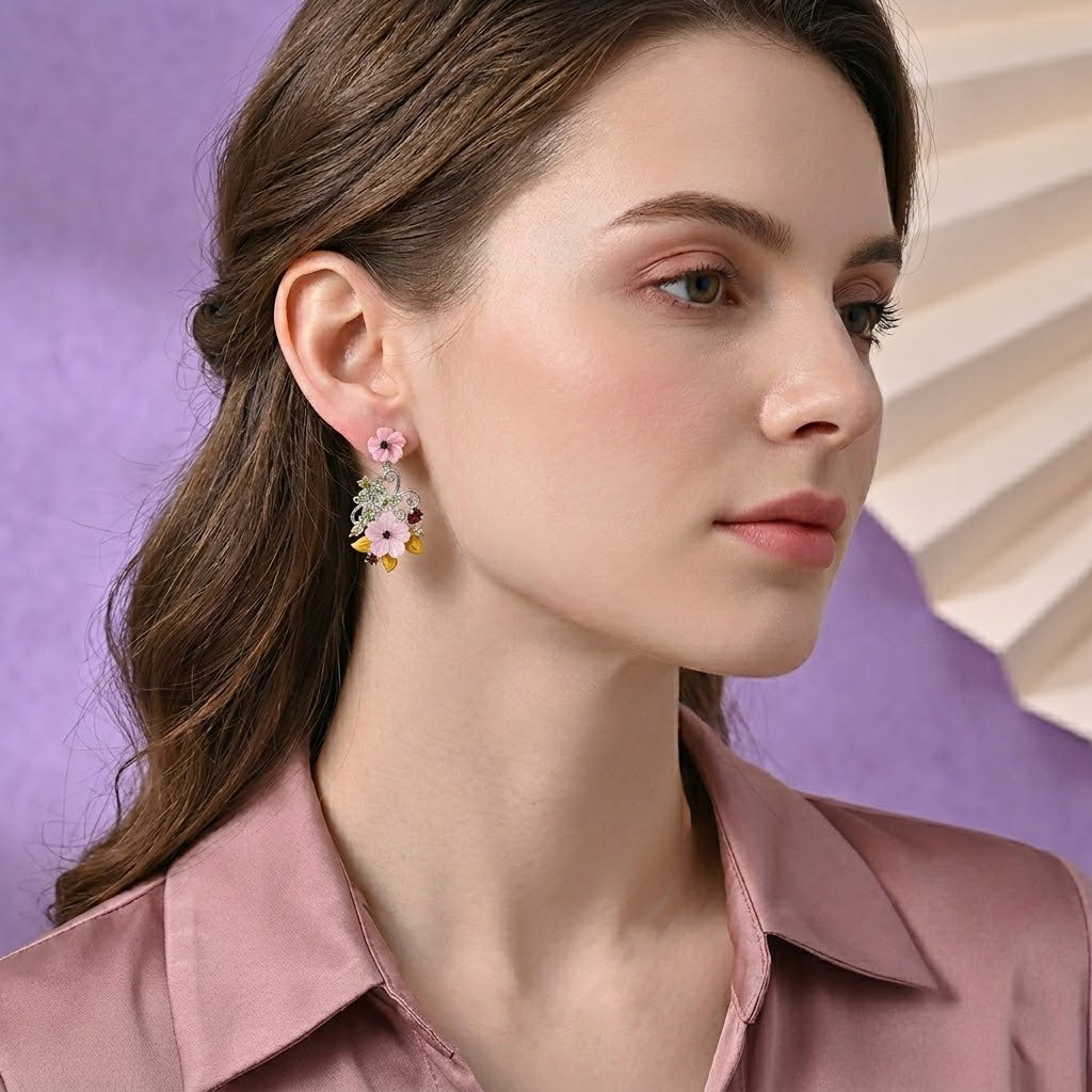 Jardin Collection - Red Garnet, Citrine, Peridot &amp; Pink Mother Of Pearl Floral Vine Earring with Push Back in Rhodium Overlay Sterling Silver V32515325 2