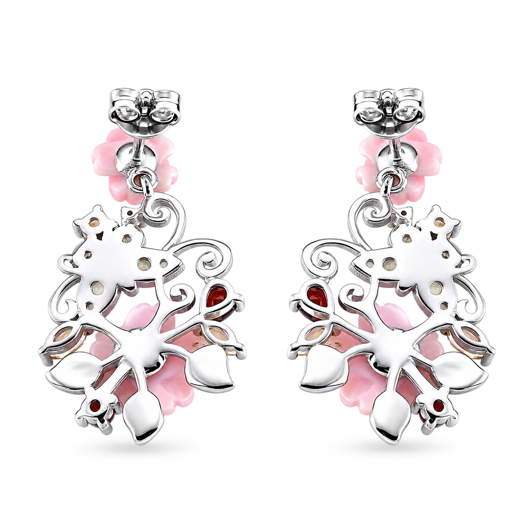 D'Joy Jardin Collection - Red Garnet, Citrine, Peridot & Pink Mother Of Pearl Floral Vine Earring with Push Back in Rhodium Overlay Sterling Silver_8594619_3