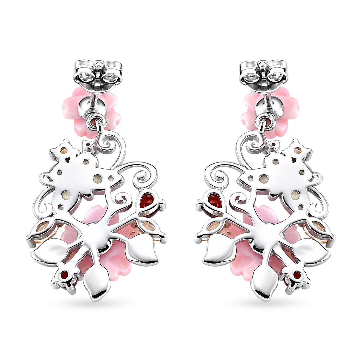 Jardin Collection - Red Garnet, Citrine, Peridot &amp; Pink Mother Of Pearl Floral Vine Earring with Push Back in Rhodium Overlay Sterling Silver V32515325 4