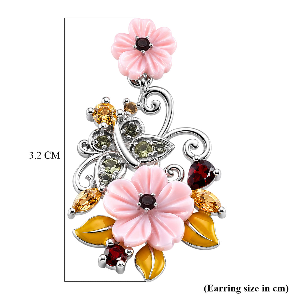 D'Joy Jardin Collection - Red Garnet, Citrine, Peridot & Pink Mother Of Pearl Floral Vine Earring with Push Back in Rhodium Overlay Sterling Silver_8594619_4