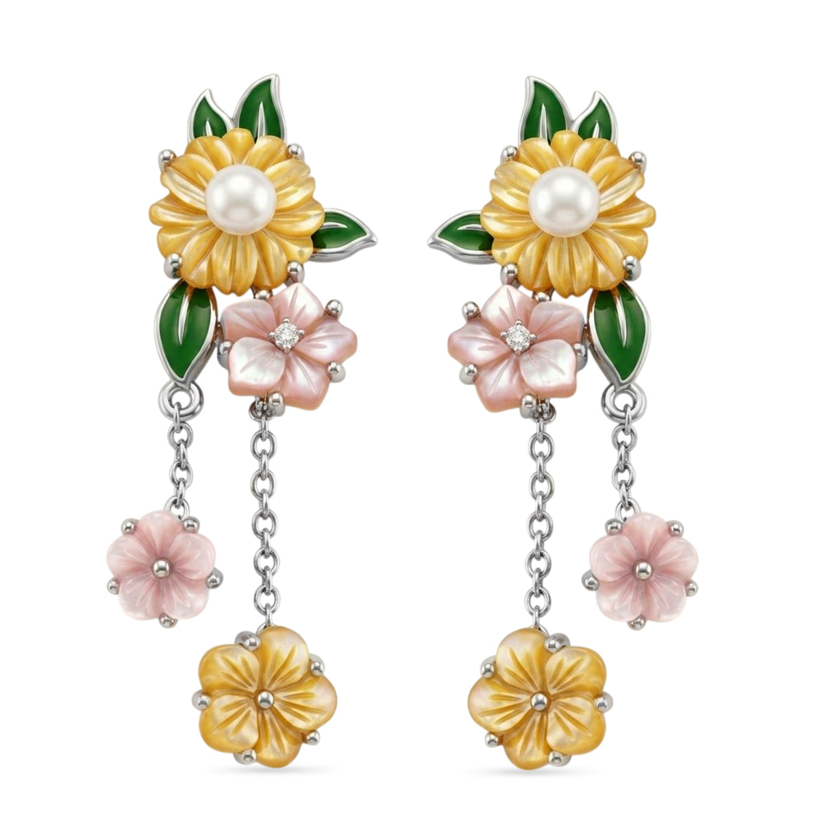 Jardin Collection - Pink Mother Of Pearl &amp; Multi Gemstones Floral Drop Earring with Push Back in Rhodium Overlay Sterling Silver 8594721 0