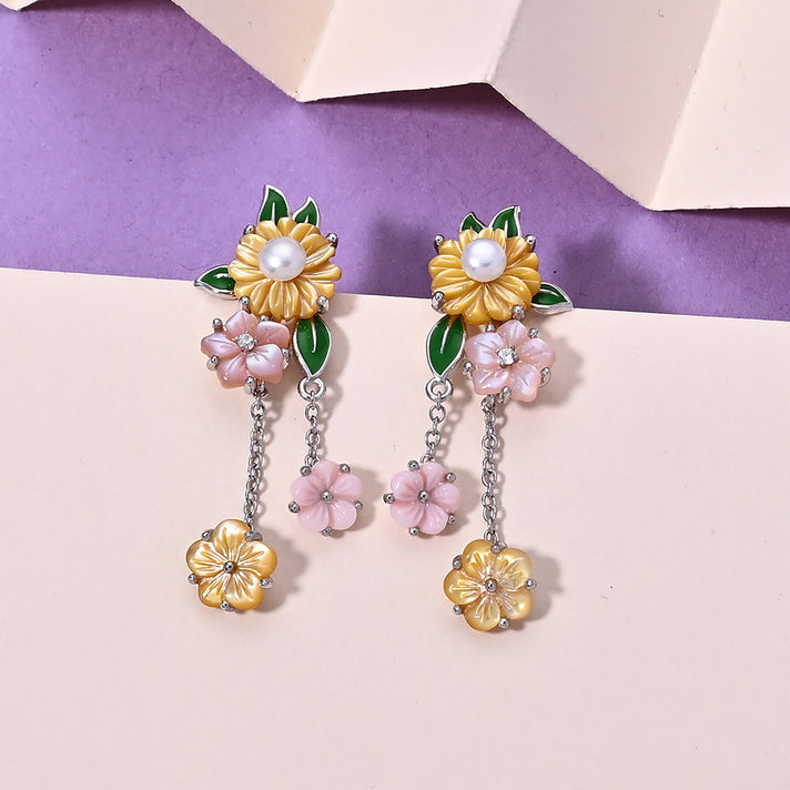 Jardin Collection - Pink Mother Of Pearl &amp; Multi Gemstones Floral Drop Earring with Push Back in Rhodium Overlay Sterling Silver 8594721 2