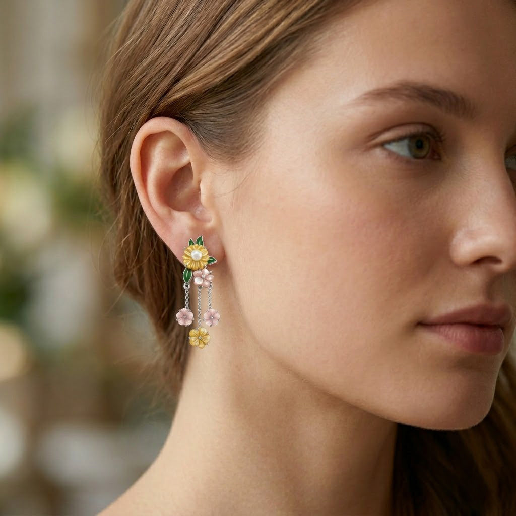Jardin Collection - Pink Mother Of Pearl &amp; Multi Gemstones Floral Drop Earring with Push Back in Rhodium Overlay Sterling Silver 8594721 3