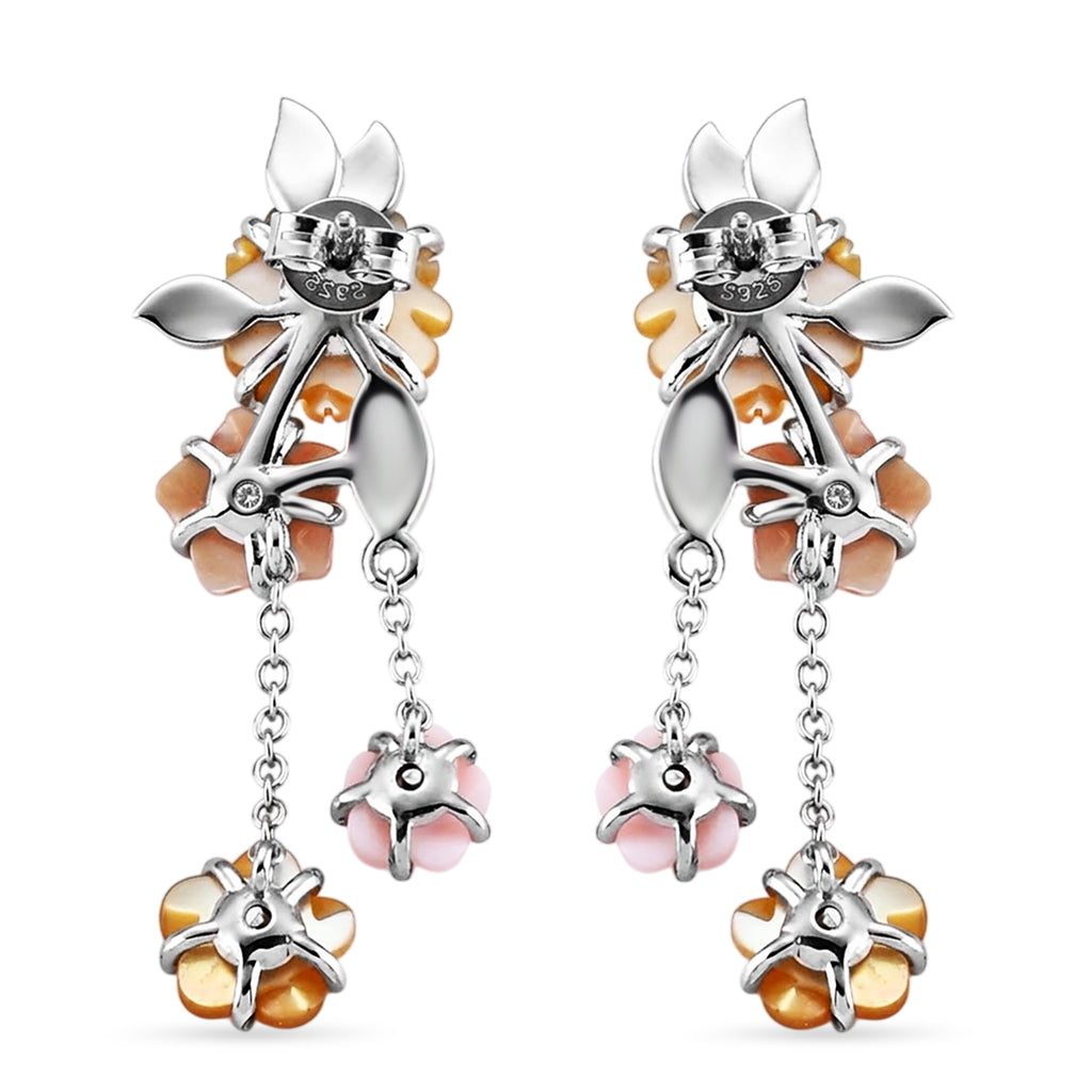 D'Joy Jardin Collection - Pink Mother Of Pearl & Multi Gemstones Floral Drop Earring with Push Back in Rhodium Overlay Sterling Silver_8594721_3