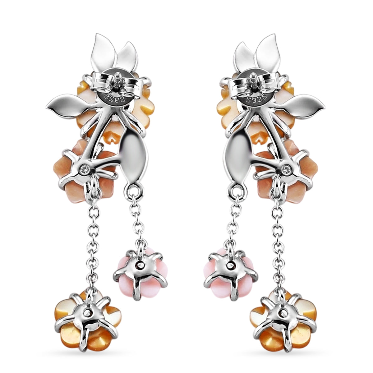 Jardin Collection - Pink Mother Of Pearl &amp; Multi Gemstones Floral Drop Earring with Push Back in Rhodium Overlay Sterling Silver 8594721 4