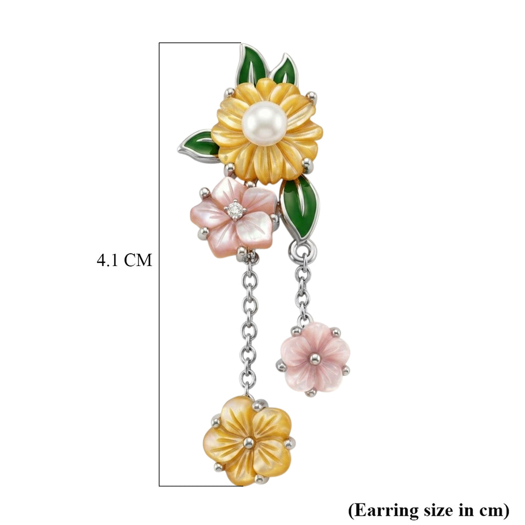 D'Joy Jardin Collection - Pink Mother Of Pearl & Multi Gemstones Floral Drop Earring with Push Back in Rhodium Overlay Sterling Silver_8594721_4