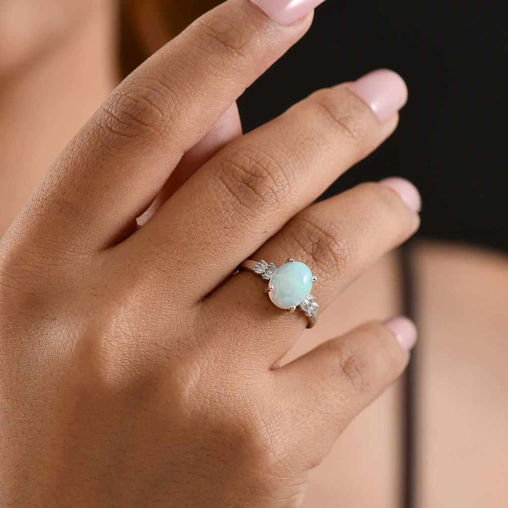 D'Joy - Ethiopian Opal & Natural White Diamond Ring in Rhodium Overlay Sterling Silver 2.00 Ct._8594840_1