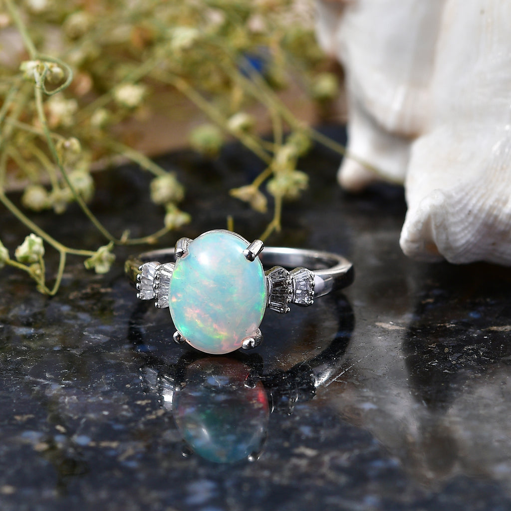 D'Joy - Ethiopian Opal & Natural White Diamond Ring in Rhodium Overlay Sterling Silver 2.00 Ct._8594840_2