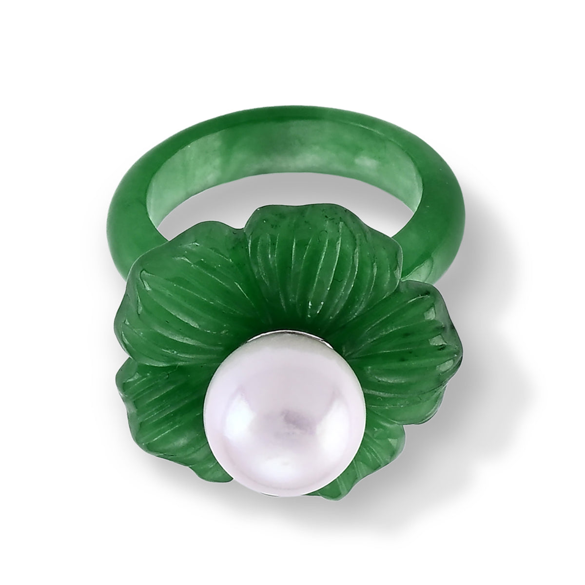 D'Joy - White Edison Pearl (10-11mm) &amp; Green Jade Blooming Flower Ring in Rhodium Overlay Sterling Silver 39.90 Ct. 8594882 0