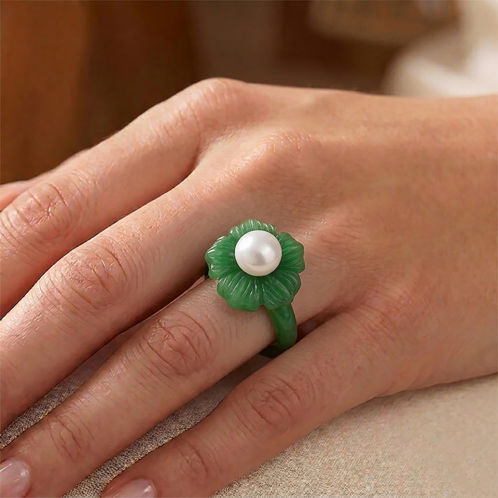 D'Joy - White Edison Pearl (10-11mm) &amp; Green Jade Blooming Flower Ring in Rhodium Overlay Sterling Silver 39.90 Ct. 8594882 2