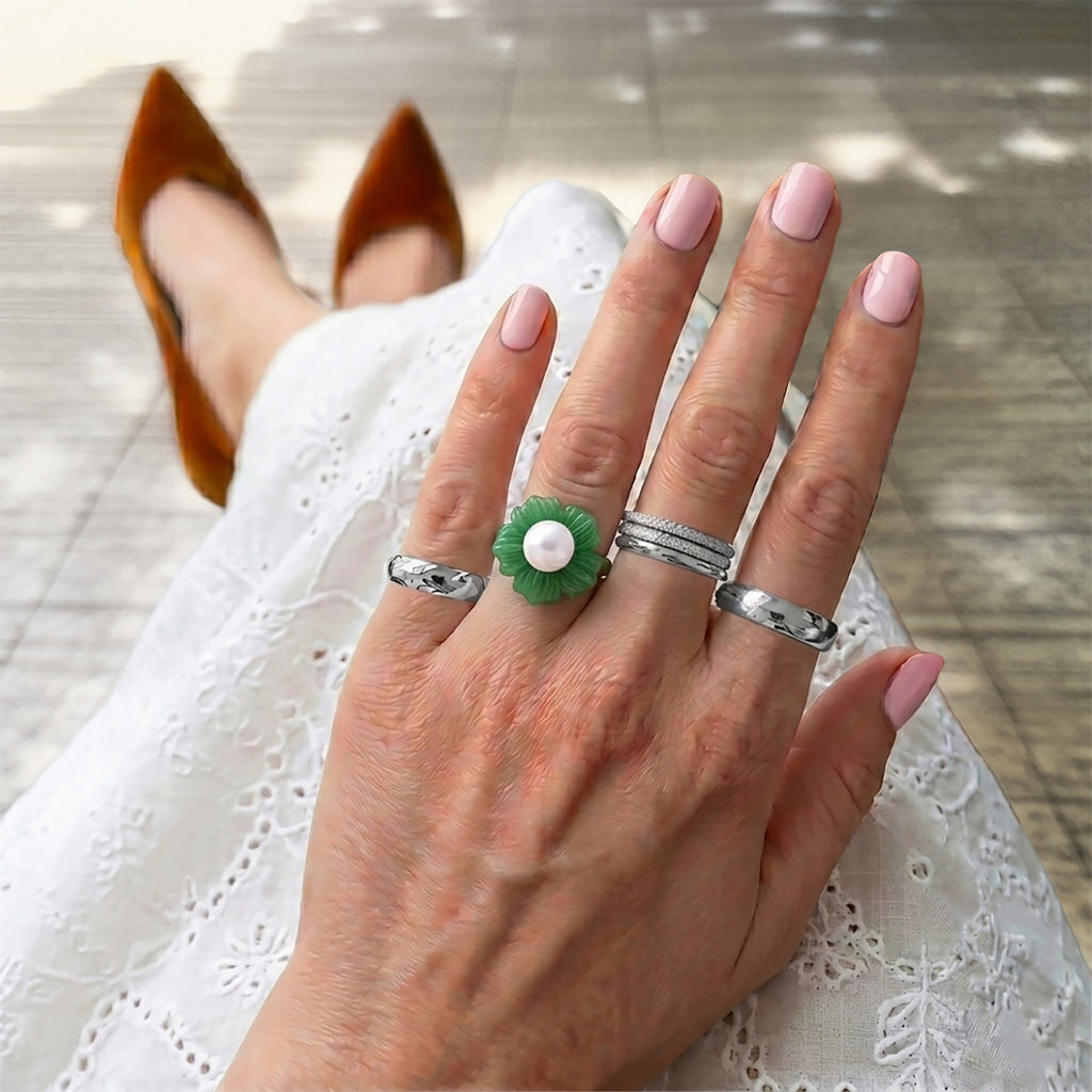 D'Joy - White Edison Pearl (10-11mm) & Dyed Green Jade Blooming Flower Ring in Rhodium Overlay Sterling Silver 39.90 Ct._8594882_2