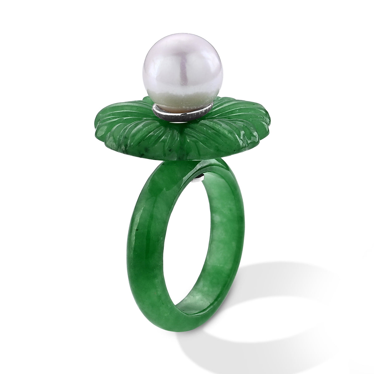 D'Joy - White Edison Pearl (10-11mm) &amp; Green Jade Blooming Flower Ring in Rhodium Overlay Sterling Silver 39.90 Ct. 8594882 4
