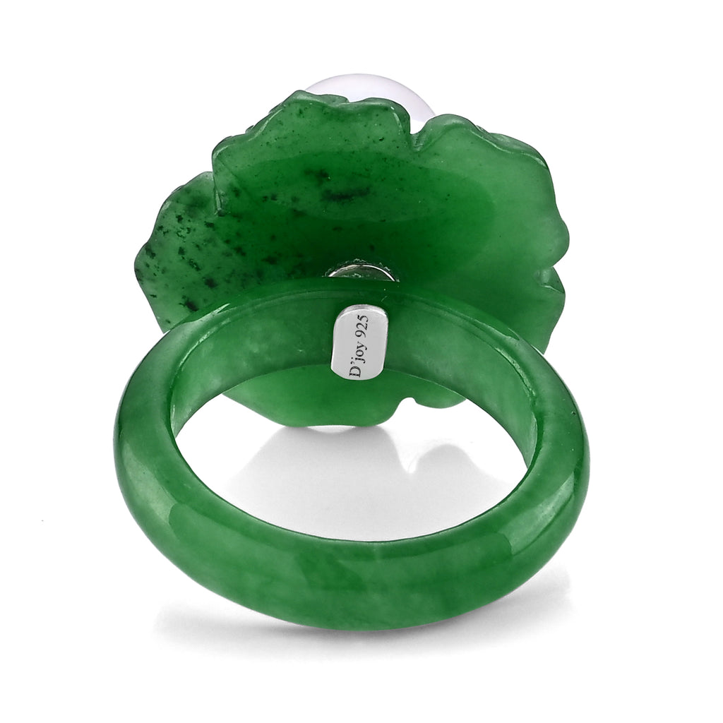D'Joy - White Edison Pearl (10-11mm) & Dyed Green Jade Blooming Flower Ring in Rhodium Overlay Sterling Silver 39.90 Ct._8594882_4