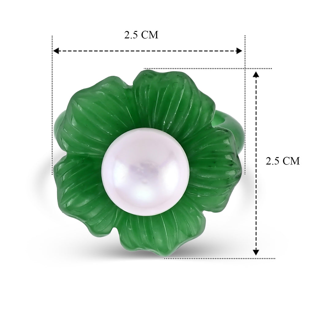 D'Joy - White Edison Pearl (10-11mm) & Dyed Green Jade Blooming Flower Ring in Rhodium Overlay Sterling Silver 39.90 Ct._8594882_5