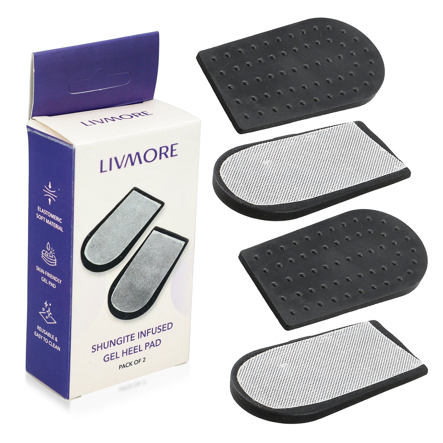 Livmore Set of 2 Shungite Infused Polymer Gel Dotted Heel Pads Targets heel pain, arch pain, foot fatigue, ailment like plantar fasciitis or otherwise due to tiredness 8595827 0