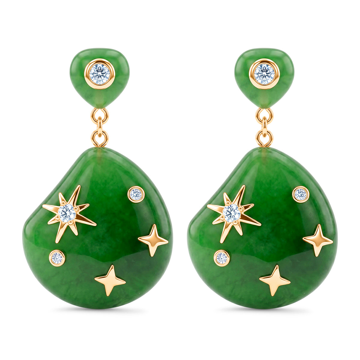 D'Joy - Green Jade &amp; White Cubic Zirconia Celestial Earring with Push Back in Rhodium Overlay Sterling Silver 21.00 Ct. V32514362 0