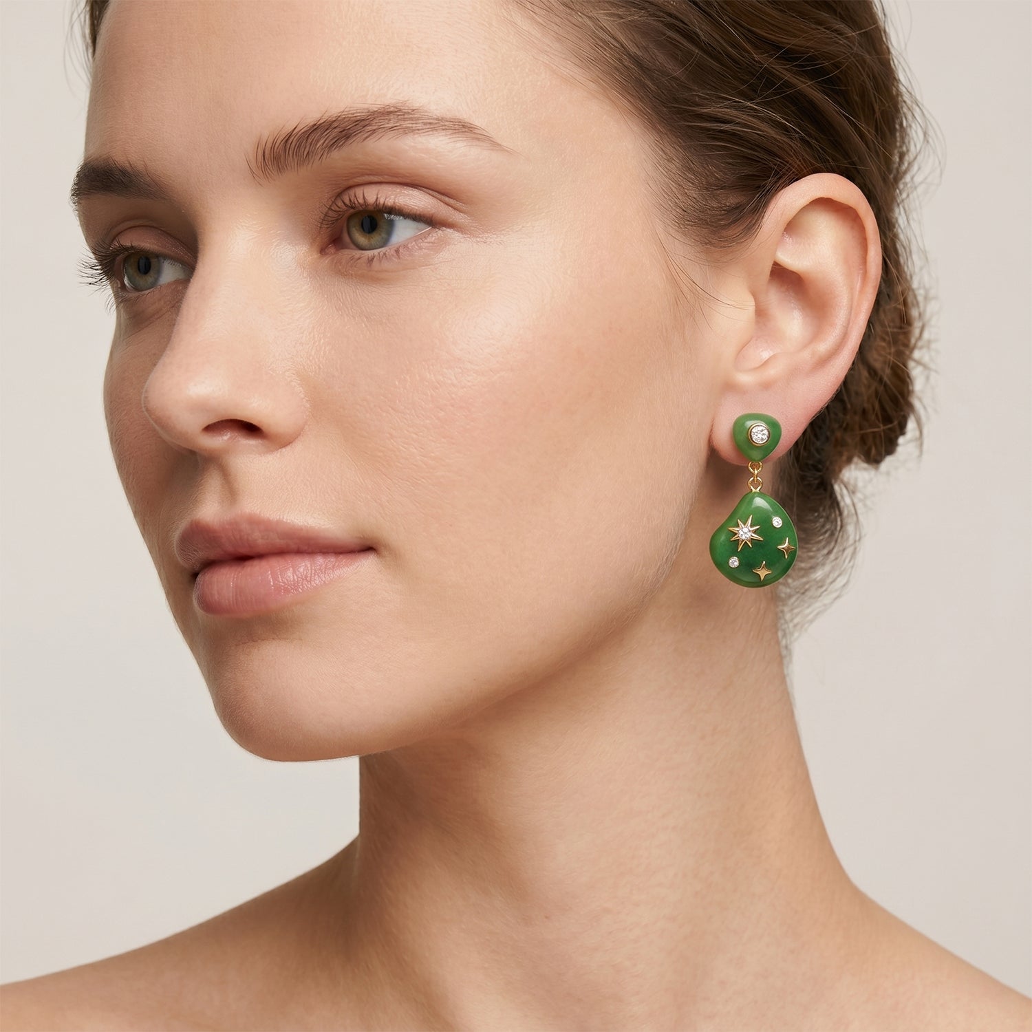 D'Joy - Green Jade &amp; White Cubic Zirconia Celestial Earring with Push Back in Rhodium Overlay Sterling Silver 21.00 Ct. V32514362 2