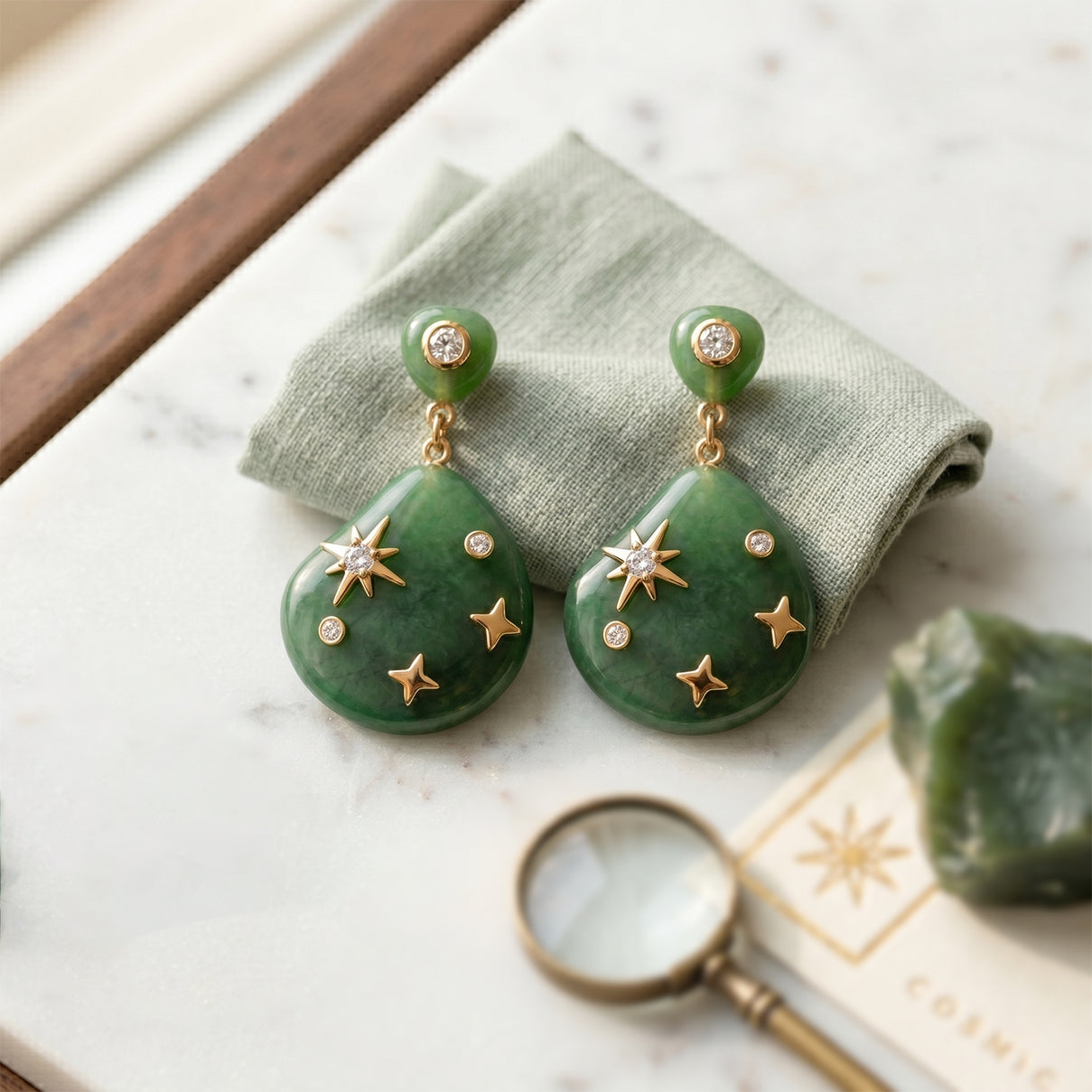 D'Joy - Green Jade &amp; White Cubic Zirconia Celestial Earring with Push Back in Rhodium Overlay Sterling Silver 21.00 Ct. V32514362 3