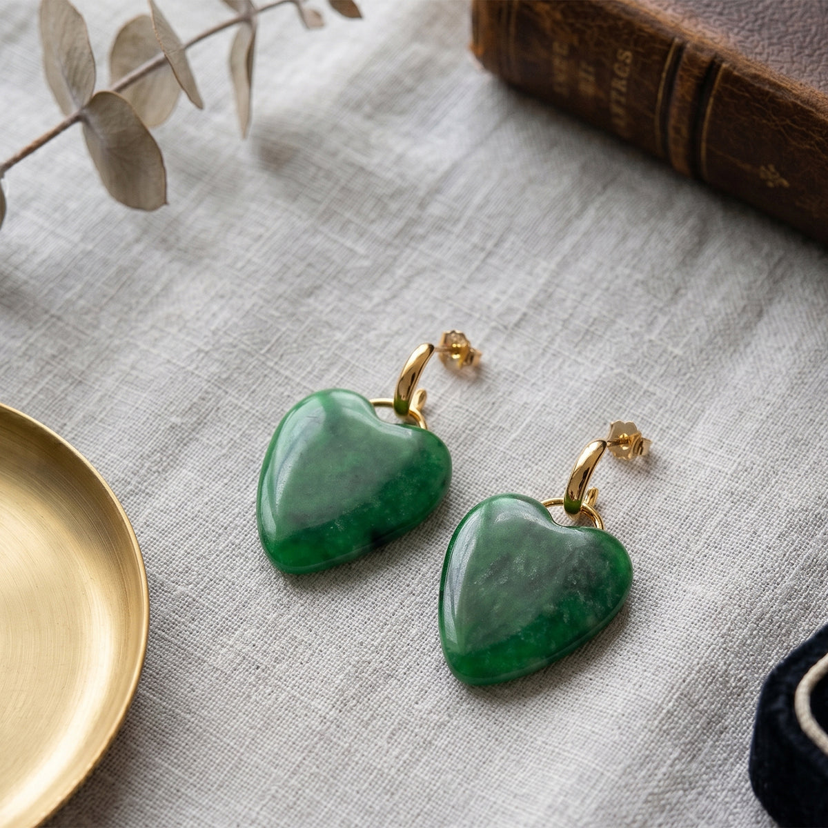 D'Joy - Enhanced Green Jade Heart Earring with Push Back in Yellow Gold Plated Sterling Silver V32577029 3