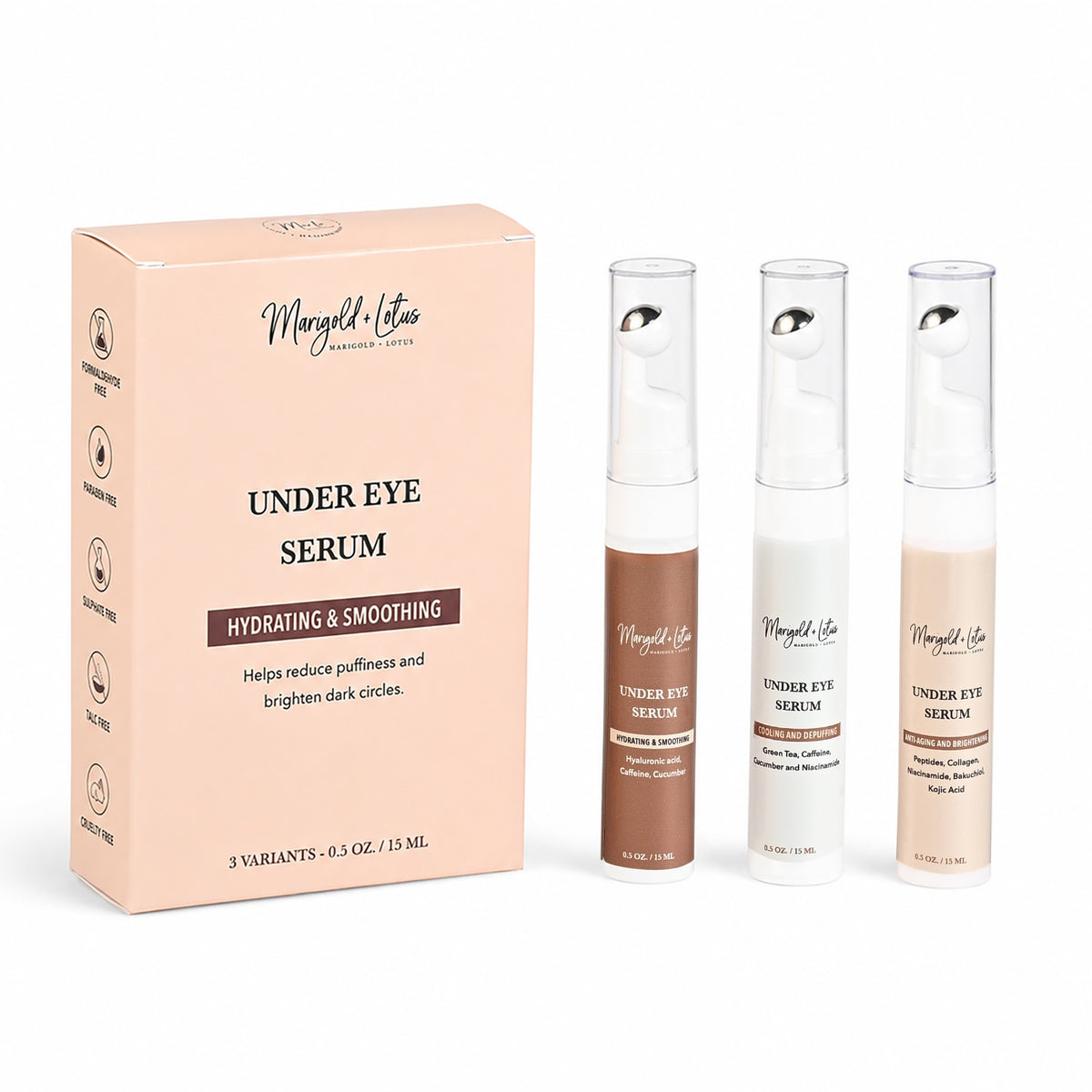 NEW LAUNCH- Marigold - Lotus Under Eye Serum Trio - Hydrating &amp; Smoothing, Cooling &amp; Depuffing, Anti-Ageing &amp; Brightening 15ml each 8596464 0