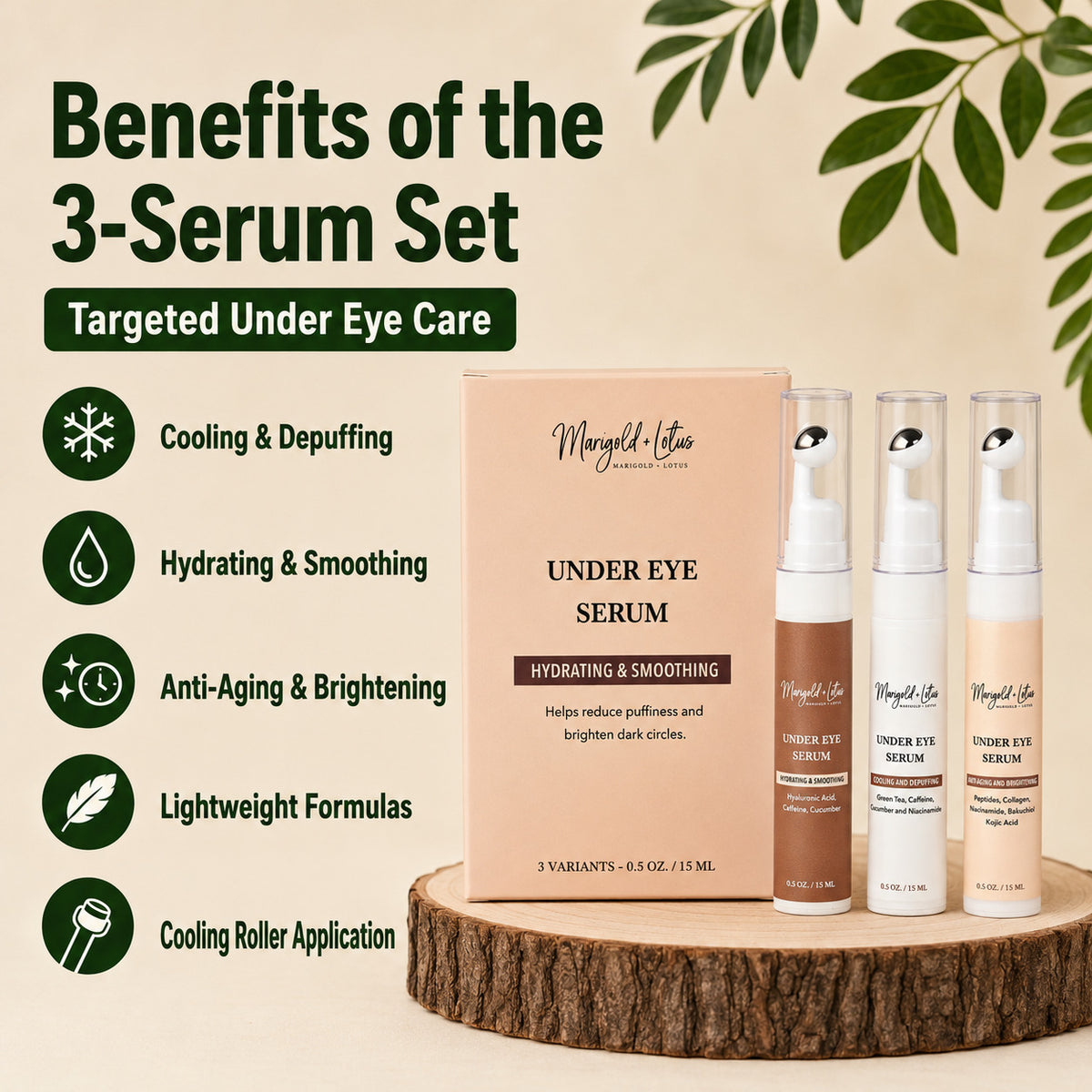 NEW LAUNCH- Marigold - Lotus Under Eye Serum Trio - Hydrating &amp; Smoothing, Cooling &amp; Depuffing, Anti-Ageing &amp; Brightening 15ml each 8596464 2